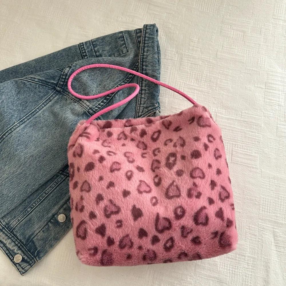 Leopard Print Shoulder Bag Furry Crossbody Spacious Lightweight Stylish Accessory