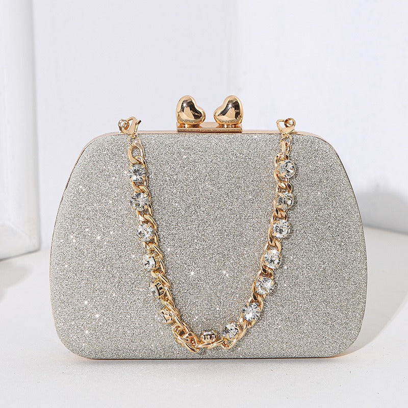 Gold Tone Glitter Gemstone Chain Handle Crystal Small Bag Handbag