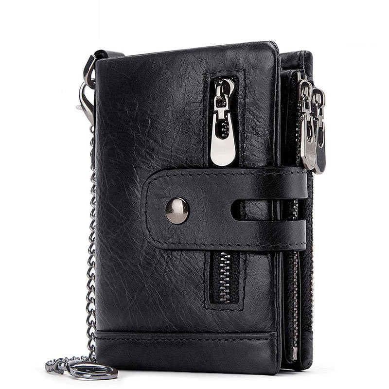 Men's Genuine Leather Wallet Bifold RFID Blocking Card Holder Chain