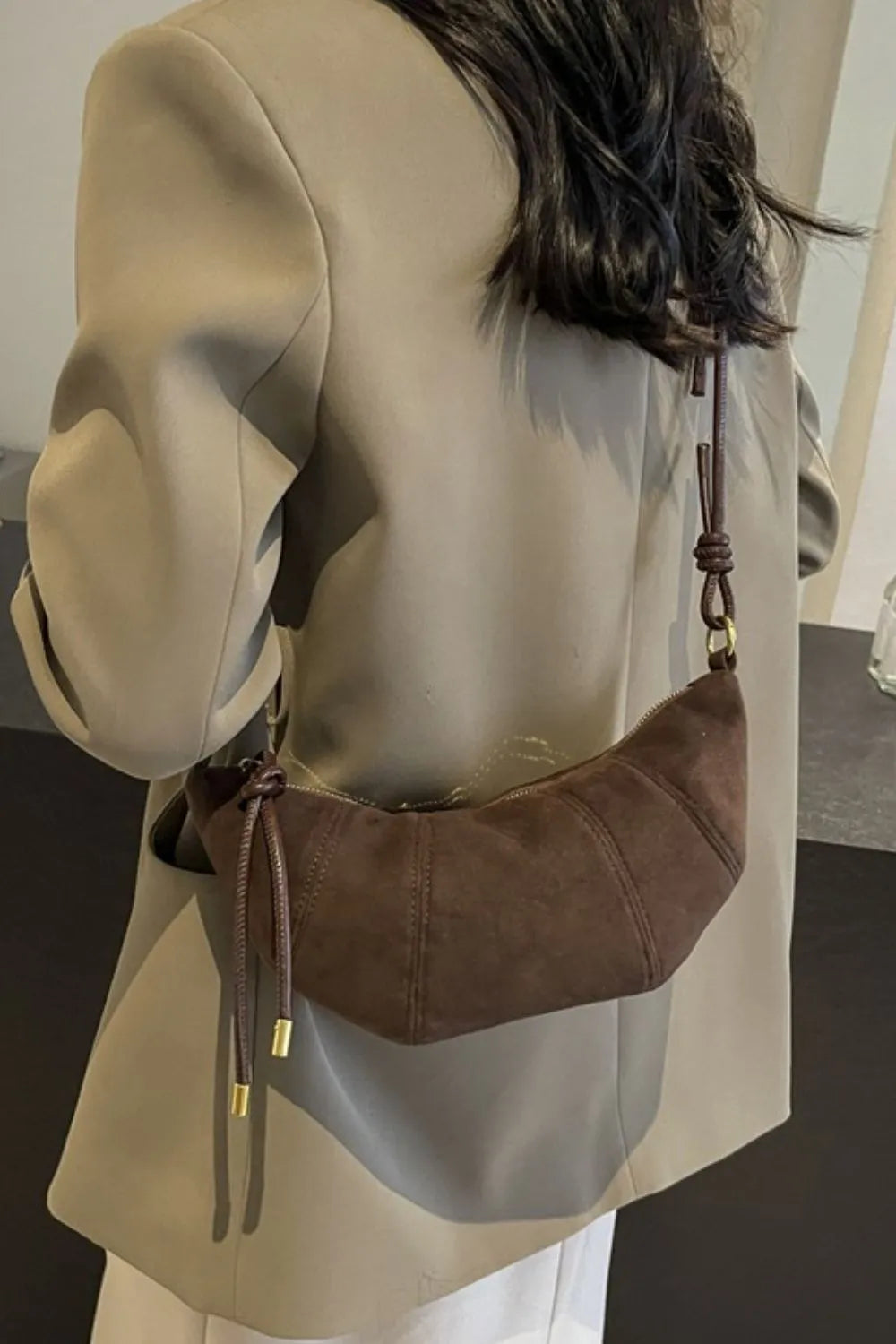 Suede Shoulder Bag Faux Leather Strap Women's Zip Closure Spacious Interior