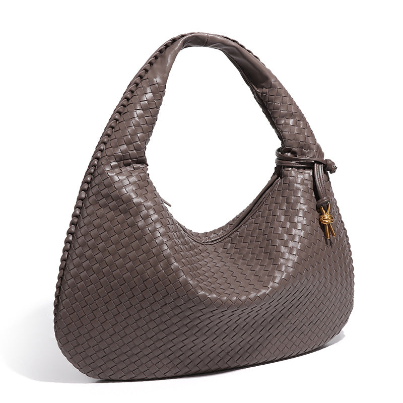 Large Women's Crescent Woven Handbag Zip Closure Daily Use Bag