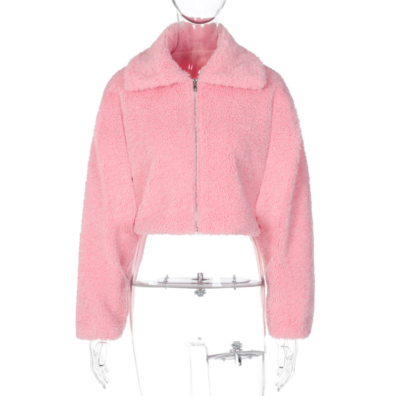 Furry Cropped Jacket Women Warm Plush Zip-Up Hoodie Thick Winter Coat
