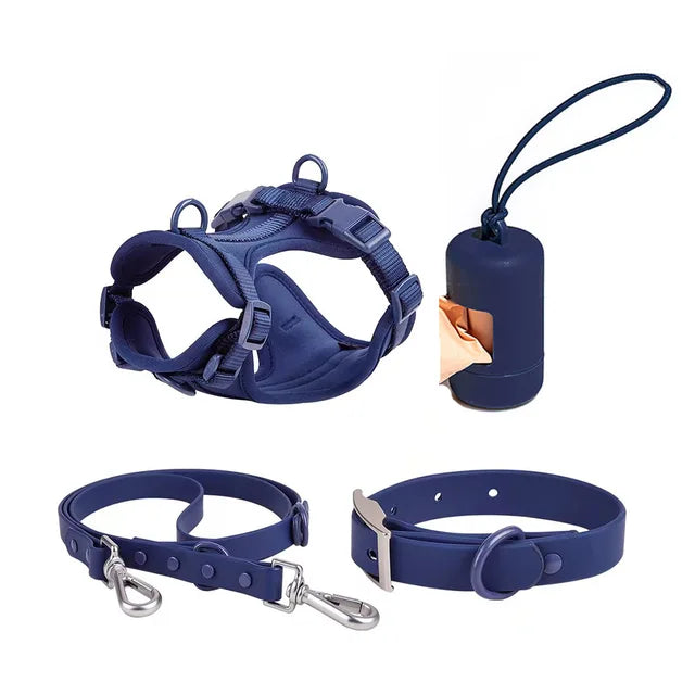 4pc Premium Waterproof PVC Neoprene Pet Harness Leash Collar Bag Dispenser Set
