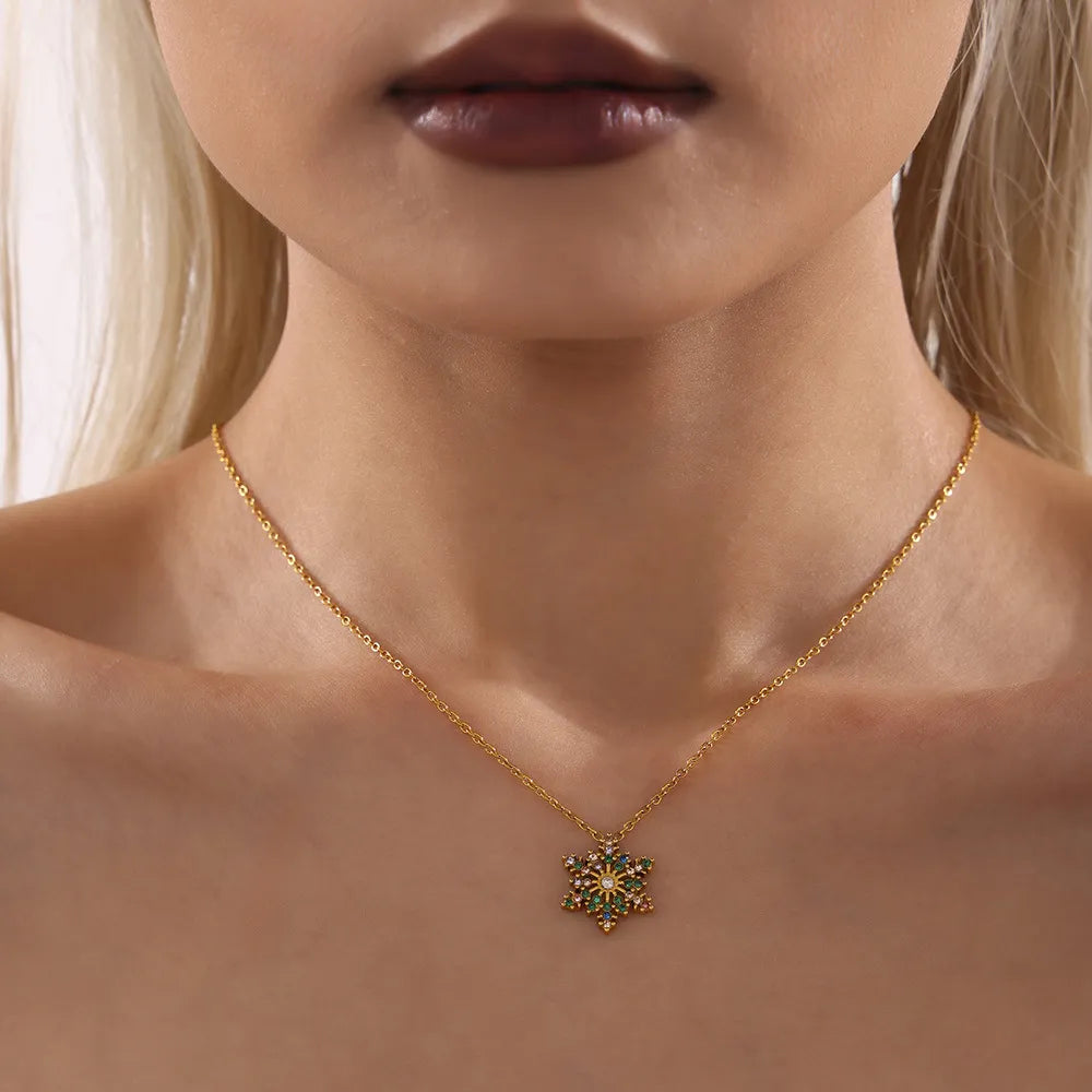 Stainless Steel Zircon Snowflake Necklace Gold-Tone Elegant Jewellery