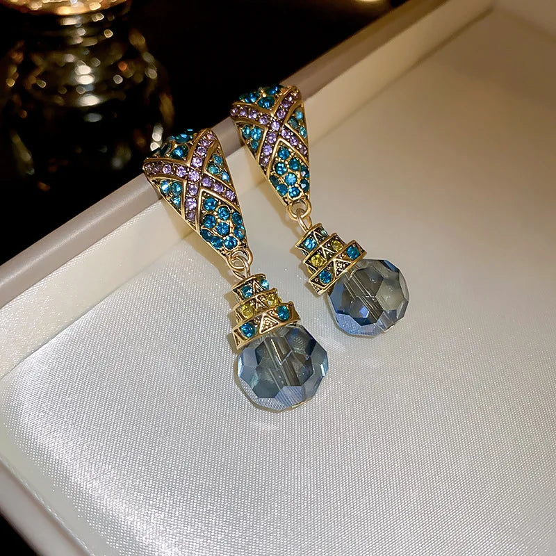 Vintage-Inspired Crystal Drop Earrings Geometric Blue Stone Dangle