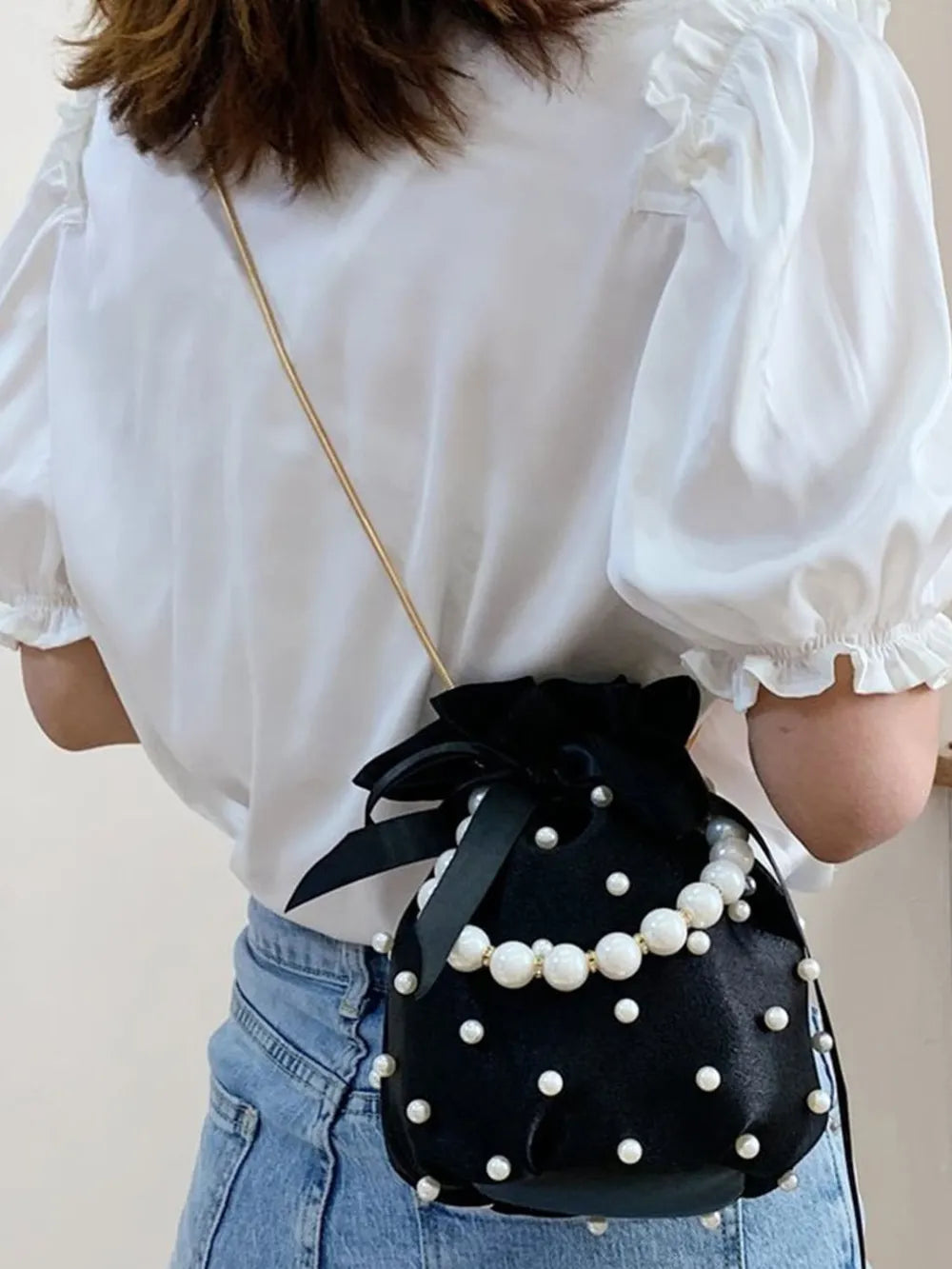 Pearl Embellished Bucket Bag Spacious Nylon Drawstring Closure Faux Leather Trim