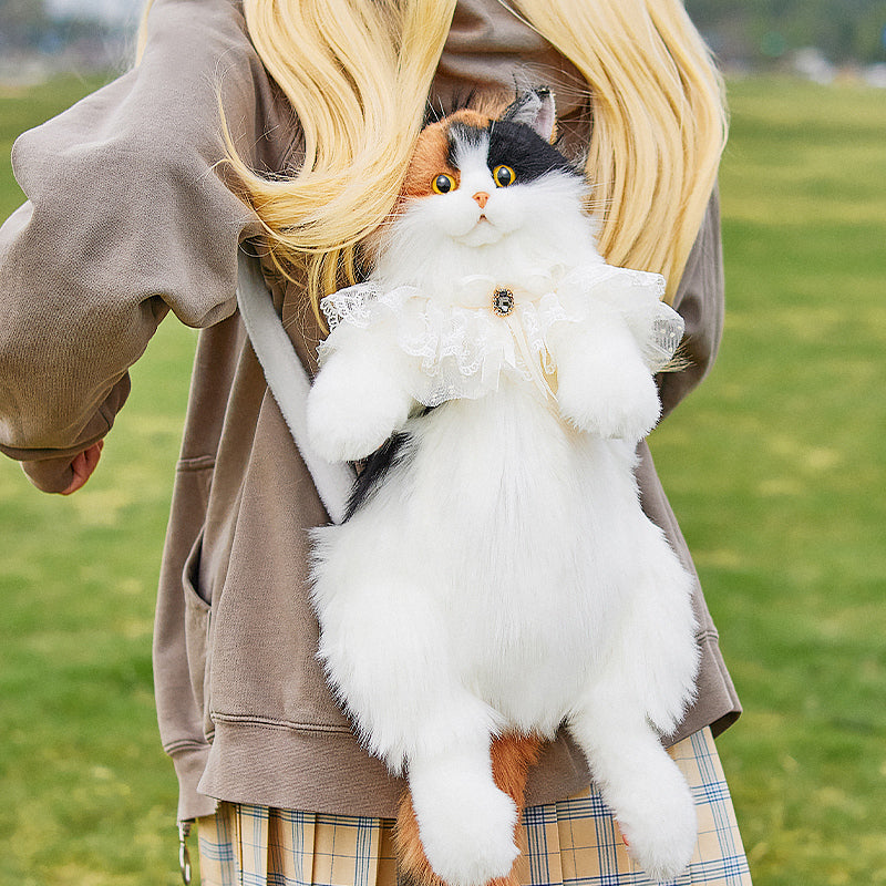 Adorable Plush Cat Backpack Soft 50cm Toy Bag with Pink or Blue Bib