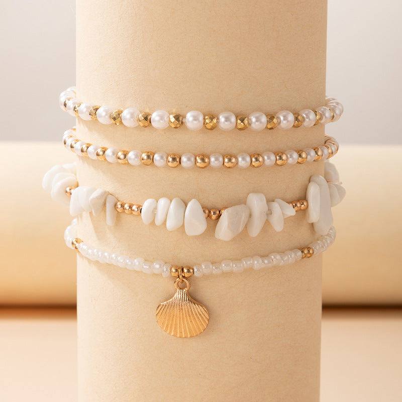 Set of 4 Beach Holiday Beaded Multi-layer Anklet Pearl Dangle Jewellery Womens