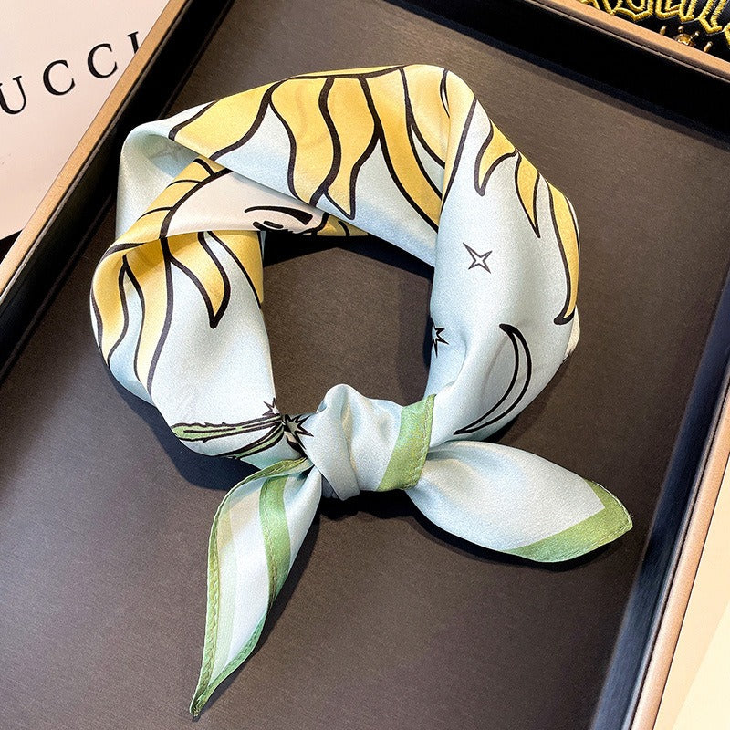Genuine Silk Elegant Women's Scarf 53x53cm Celestial Sun Moon Design Fashion