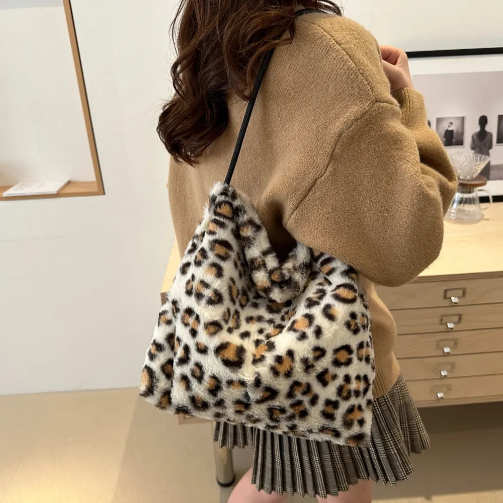 Leopard Print Shoulder Bag Furry Crossbody Spacious Lightweight Stylish Accessory