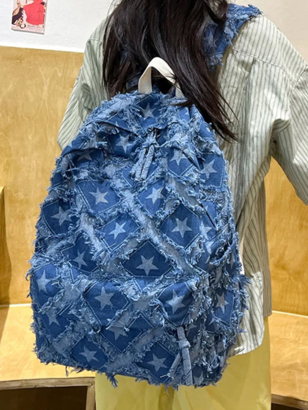 Star Denim Backpack Distressed Frayed Edge Casual Medium School Rucksack Bag