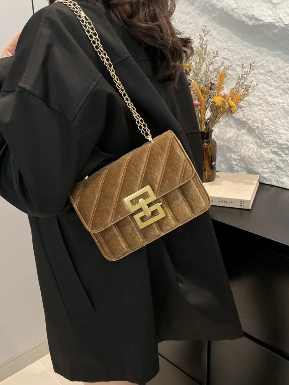 Small Faux Leather Chain Shoulder Bag, Gold-Tone Chain, Crossbody Handbag