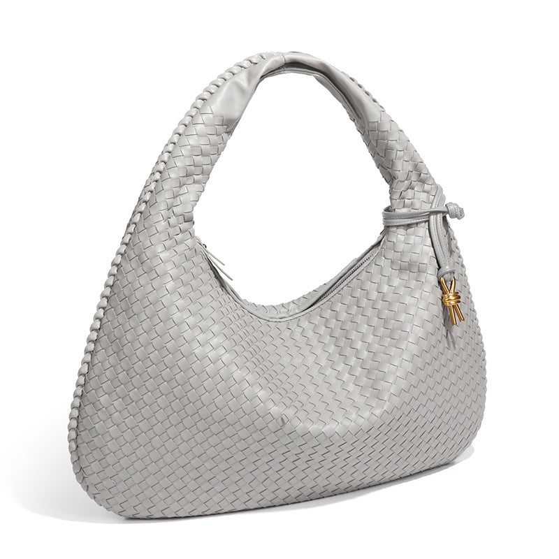 Large Women's Crescent Woven Handbag Zip Closure Daily Use Bag
