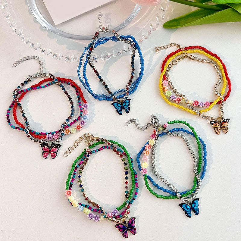 Multi-Layer Handmade Beaded Butterfly Dangle Floral Anklet Crystal Jewellery
