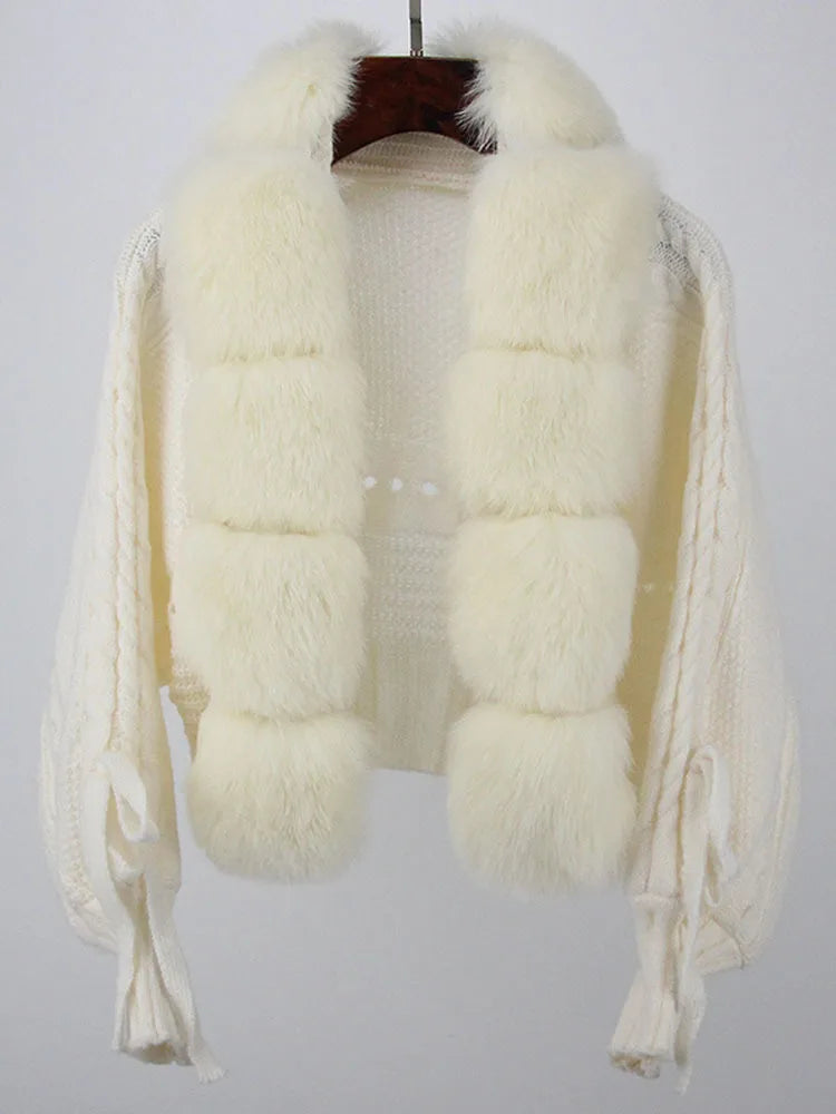 Women's Knitted Premium Faux Fur Coat V Neck Patchworks Full Sleeve Winter Jacket