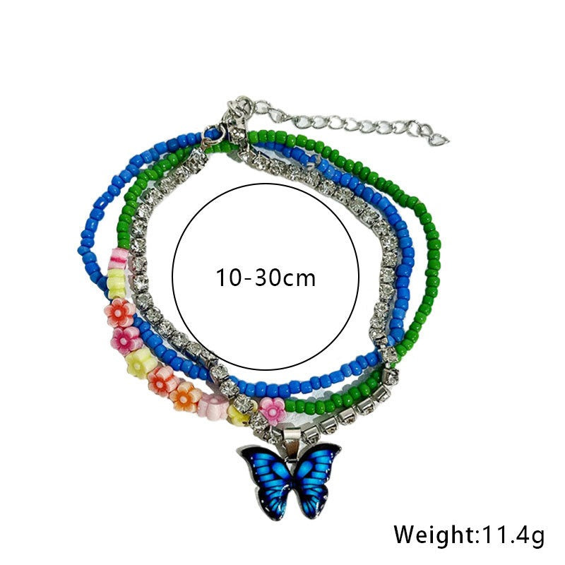 Multi-Layer Handmade Beaded Butterfly Dangle Floral Anklet Crystal Jewellery