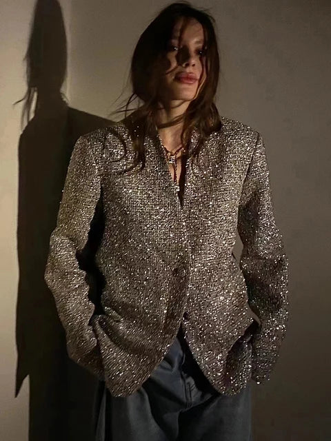 Women's Tweed Jacket Sparkly Elegant Blazer Polyester & Spandex Luxury Fashion