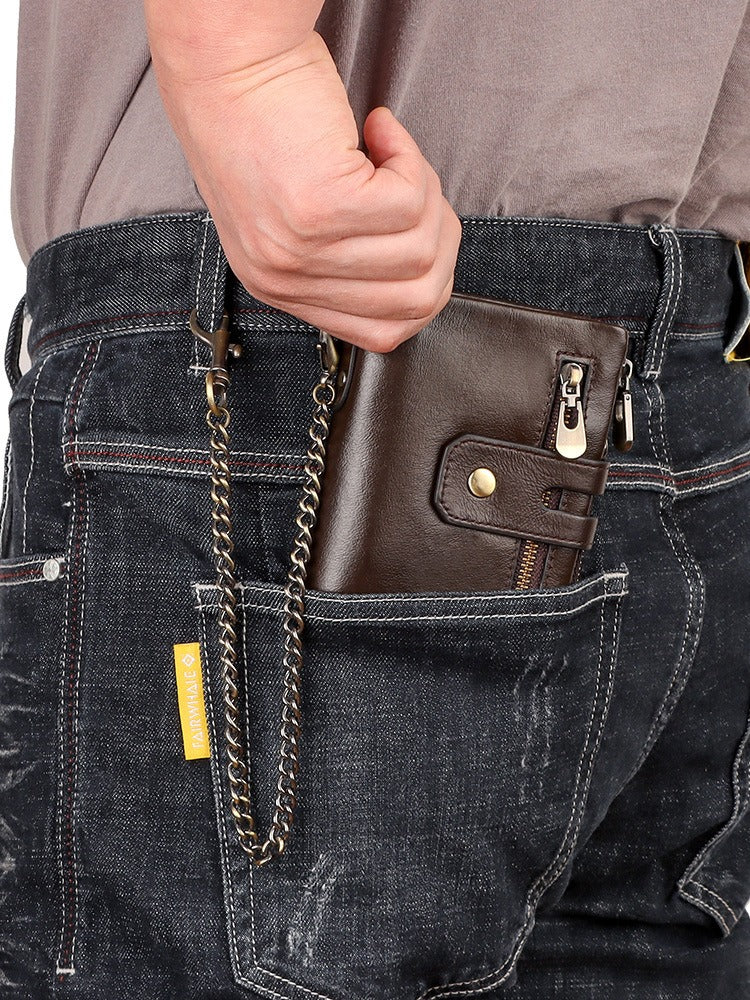 Men's Genuine Leather Wallet Bifold RFID Blocking Card Holder Chain