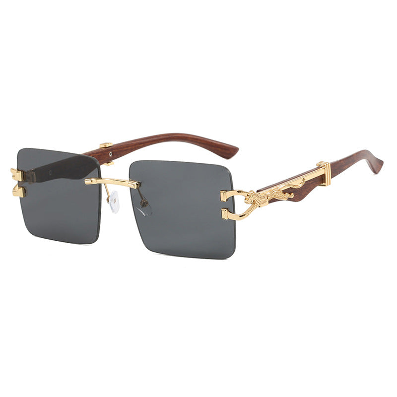 Women's Wooden Frameless Square UV400 Sunglasses Slim Leopard Print Protection