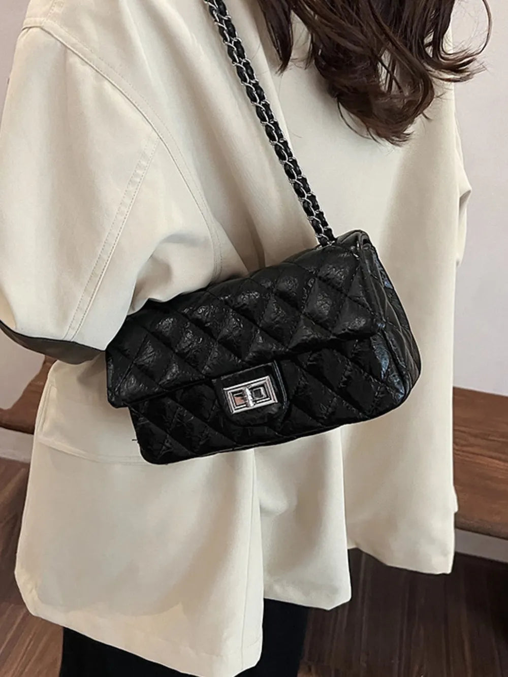 Synthetic Leather Rhombus Pattern Twist Lock Crossbody Shoulder Bag Women's Fashion