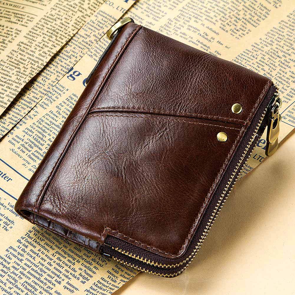 RFID Blocking Genuine Leather Wallet Mens Double Zip Card Holder Purse