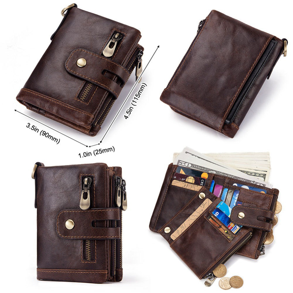 Men's Leather Wallet Large Capacity Buckle Retro Zipper Coin Purse Anti-theft Clutch