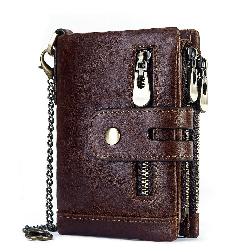 Men's Genuine Leather Wallet Bifold RFID Blocking Card Holder Chain