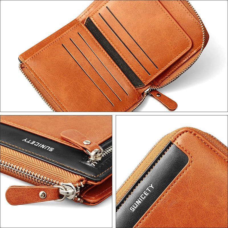 Men's RFID Blocking Wallet Secure Zipper Multi Card Slots ID Holder Leatherette