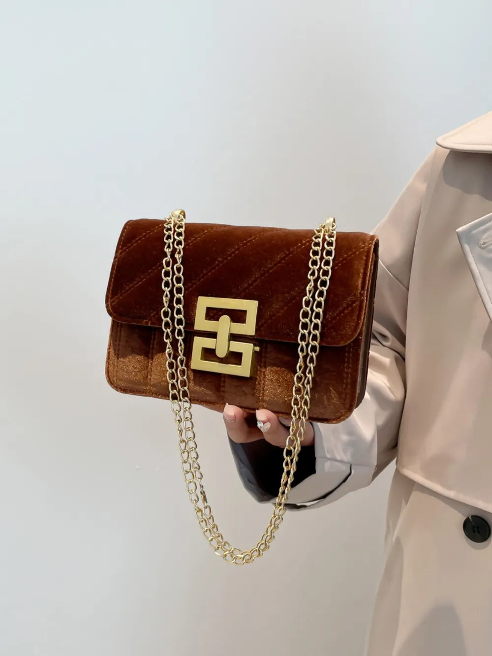Small Faux Leather Chain Shoulder Bag, Gold-Tone Chain, Crossbody Handbag
