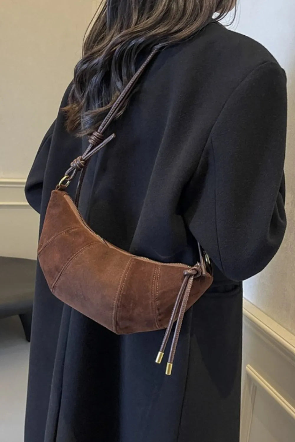 Suede Shoulder Bag Faux Leather Strap Women's Zip Closure Spacious Interior