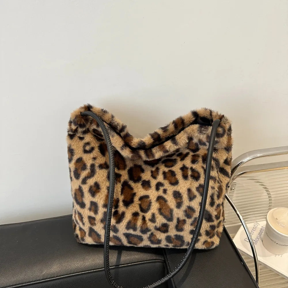 Leopard Print Shoulder Bag Furry Crossbody Spacious Lightweight Stylish Accessory
