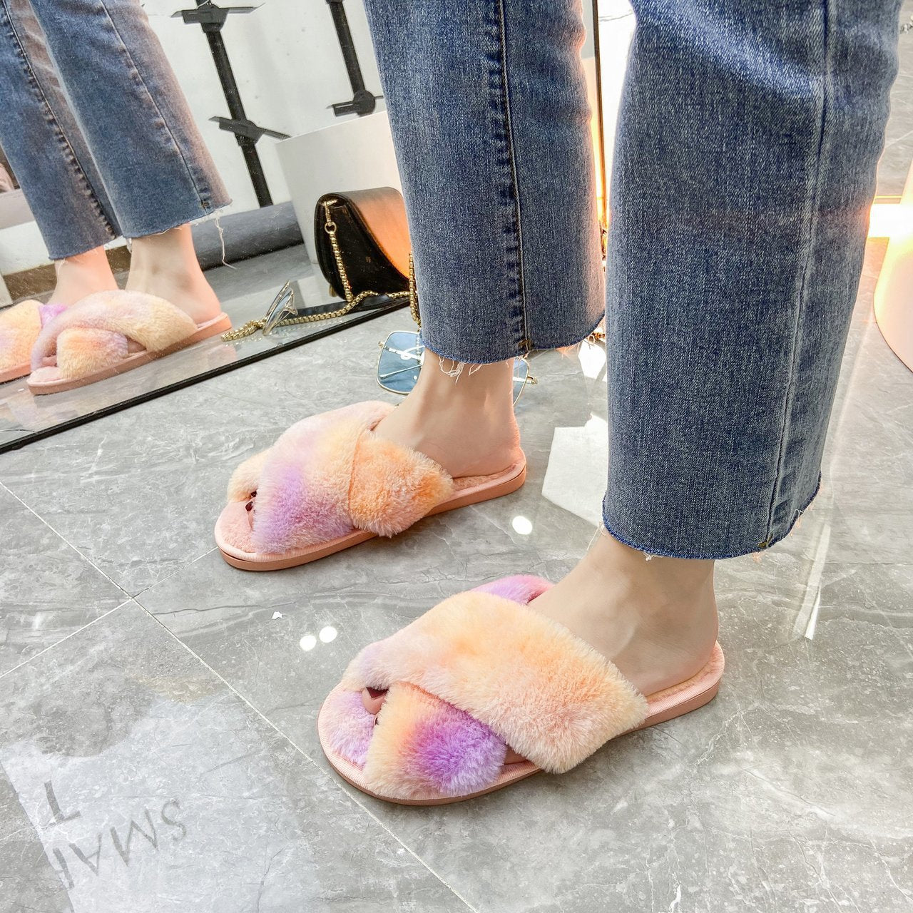 Furry Cross-Band Slippers for Women Soft Indoor Outdoor Non-Slip Sole