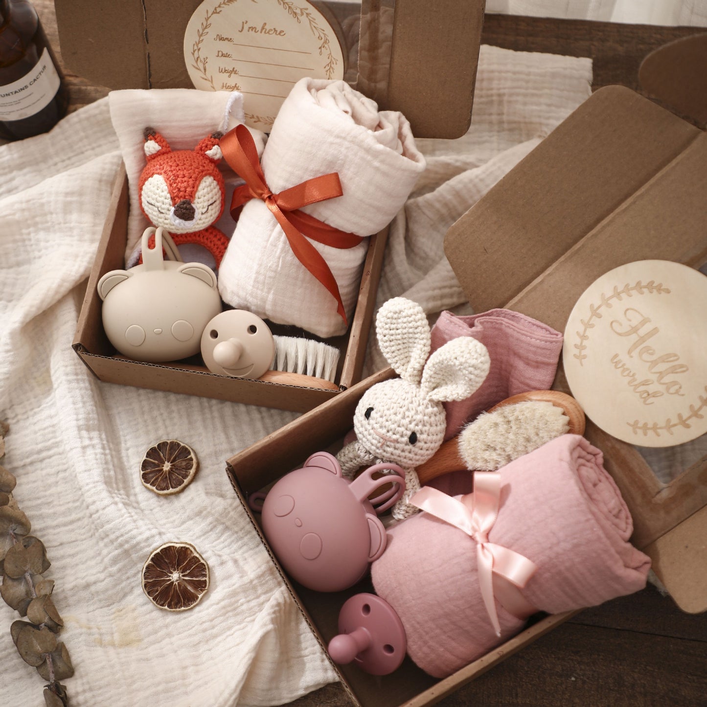 Eco Bamboo Newborn Baby Gift Box Set Bath Towel Wooden Brush Bunny Rattle Pacifier