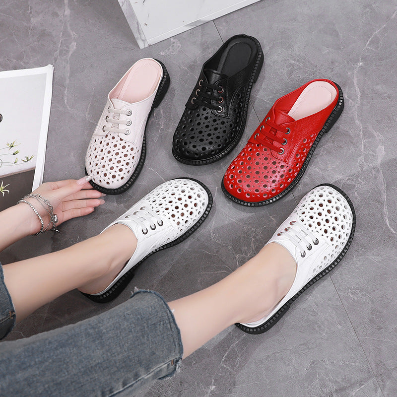 Women’s Leather Hollow-Out Sandals Flat Round Toe Slip-On Mule Shoes Summer