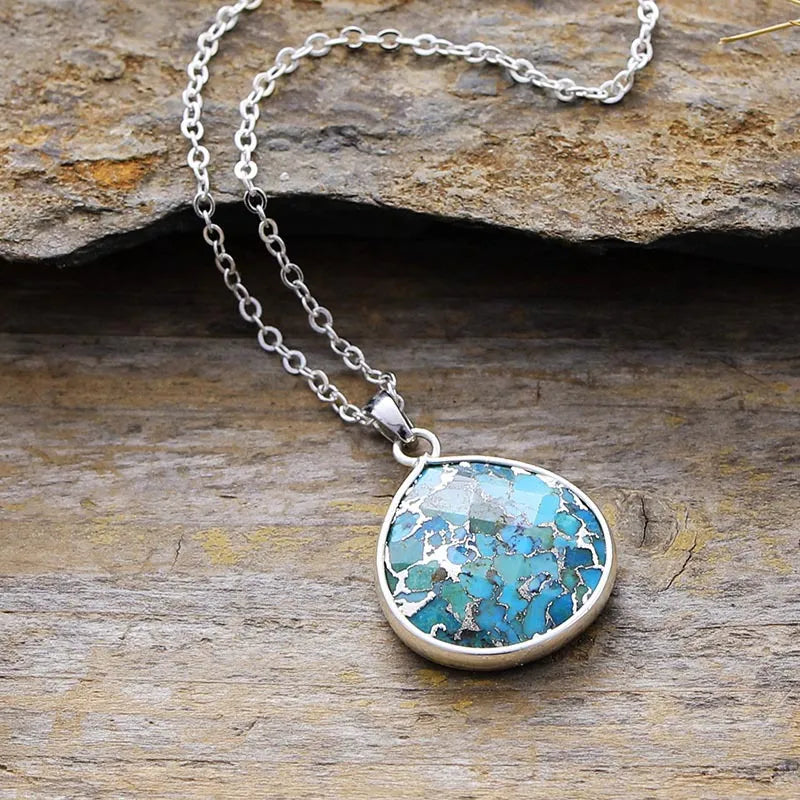 Turquoise Teardrop Pendant Necklace Copper Chain Jewellery Gold Silver 40cm Gift