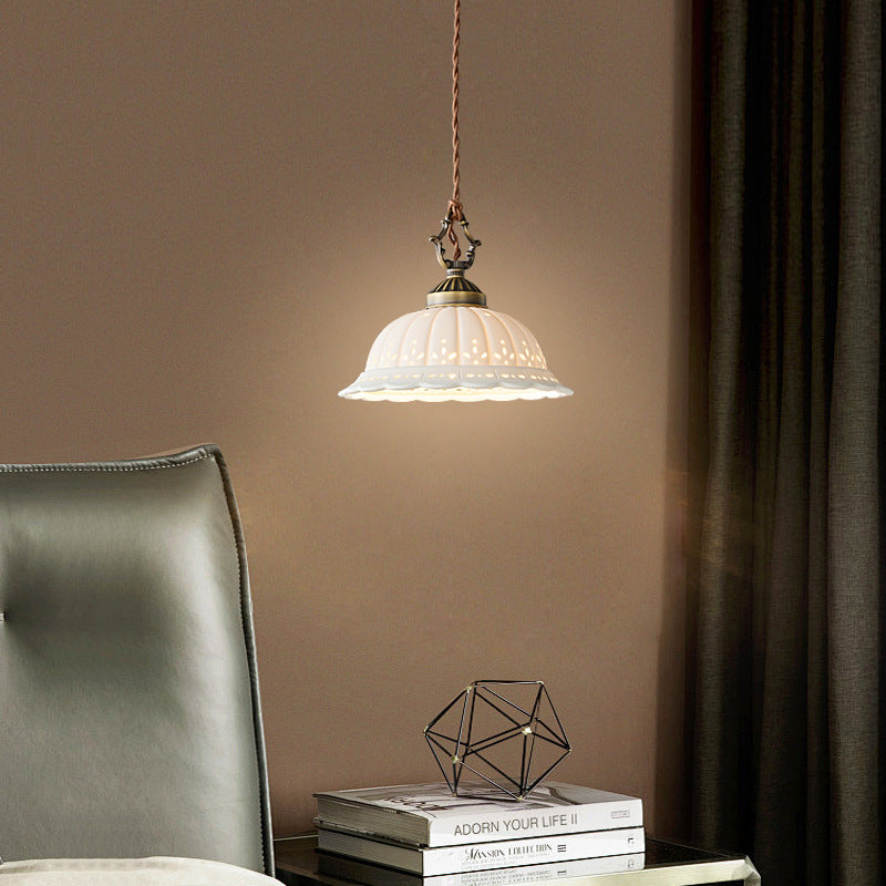 Copper LED Pendant Light Ceramic Shade Adjustable Height Bedroom Study Illumination