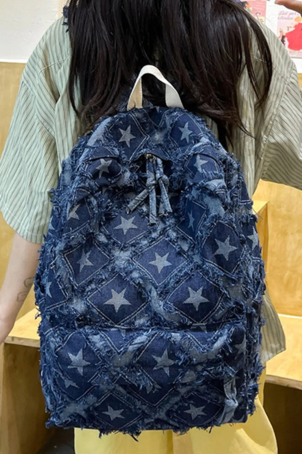 Star Denim Backpack Distressed Frayed Edge Casual Medium School Rucksack Bag