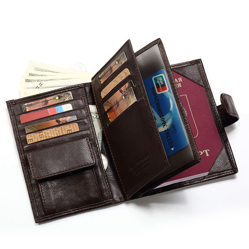 Genuine Leather Passport Wallet for Men RFID Secure Multi-Card Large Capacity Holder