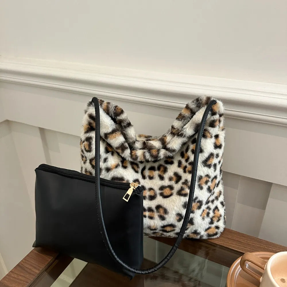 Leopard Print Shoulder Bag Furry Crossbody Spacious Lightweight Stylish Accessory
