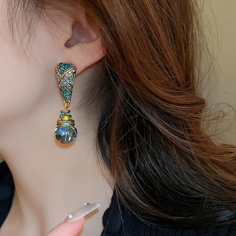 Vintage-Inspired Crystal Drop Earrings Geometric Blue Stone Dangle