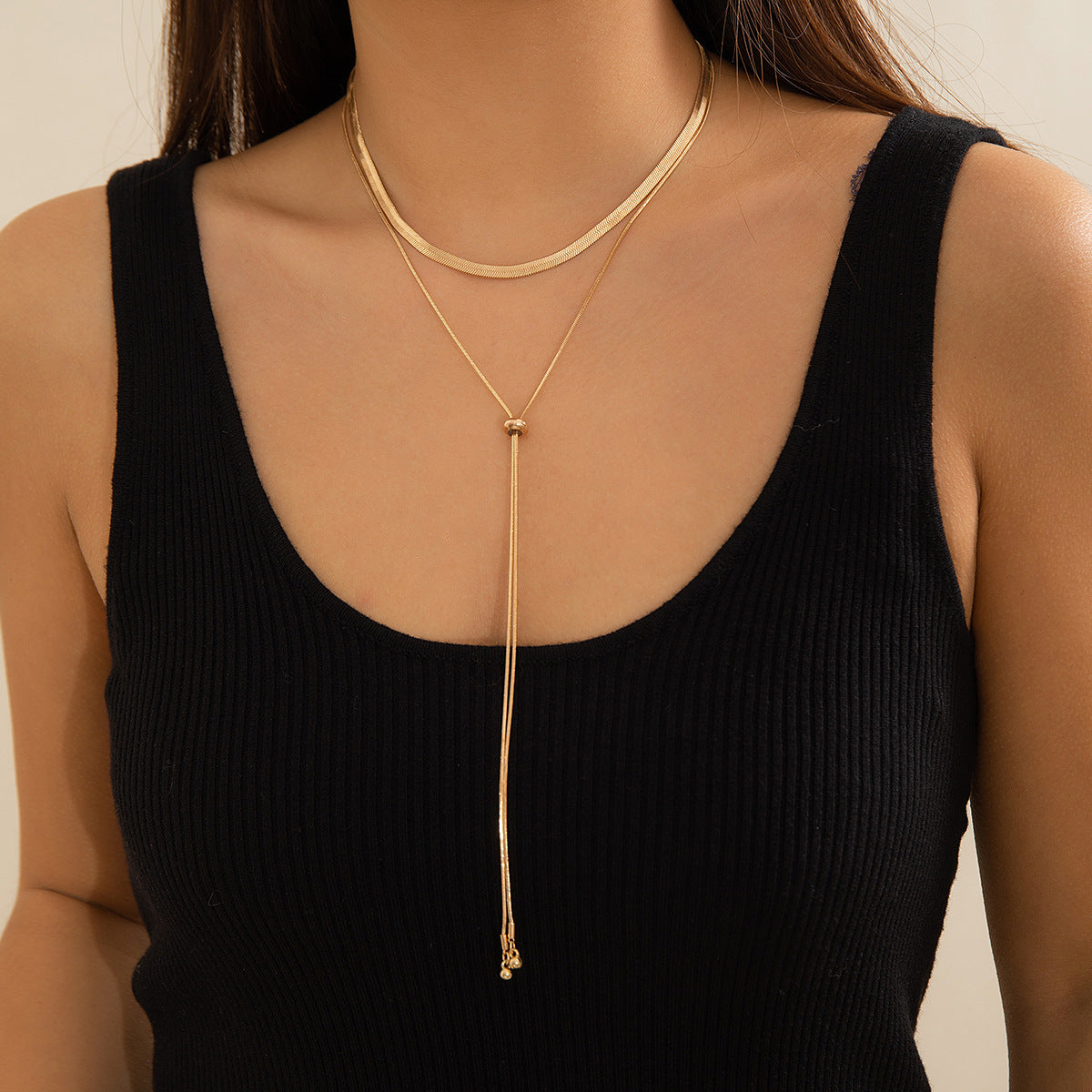 Gold Silver Double Layer Snake Chain Drop Dangle Necklace Jewellery