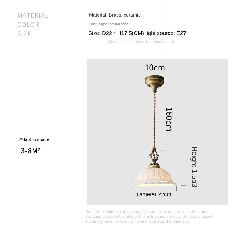 Copper LED Pendant Light Ceramic Shade Adjustable Height Bedroom Study Illumination