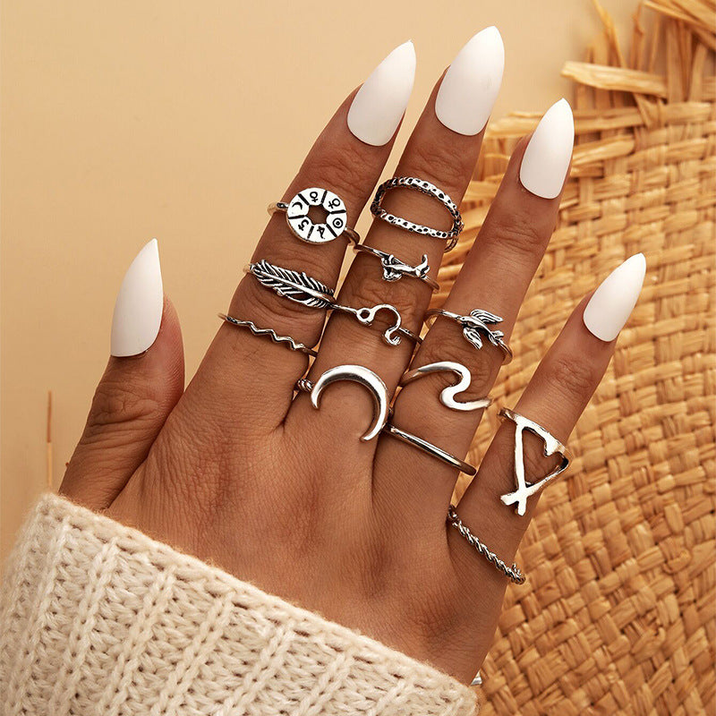 12pc Midi Ring Set Silver Vintage Design Moon Feather Rings Jewellery