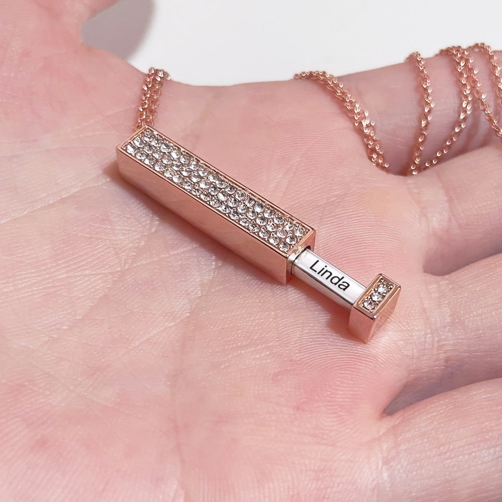 Personalised Retractable Rose Gold Necklace with Diamond Inlay and Custom Engraving