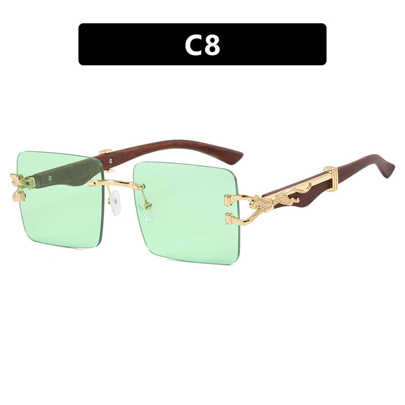 Women's Wooden Frameless Square UV400 Sunglasses Slim Leopard Print Protection
