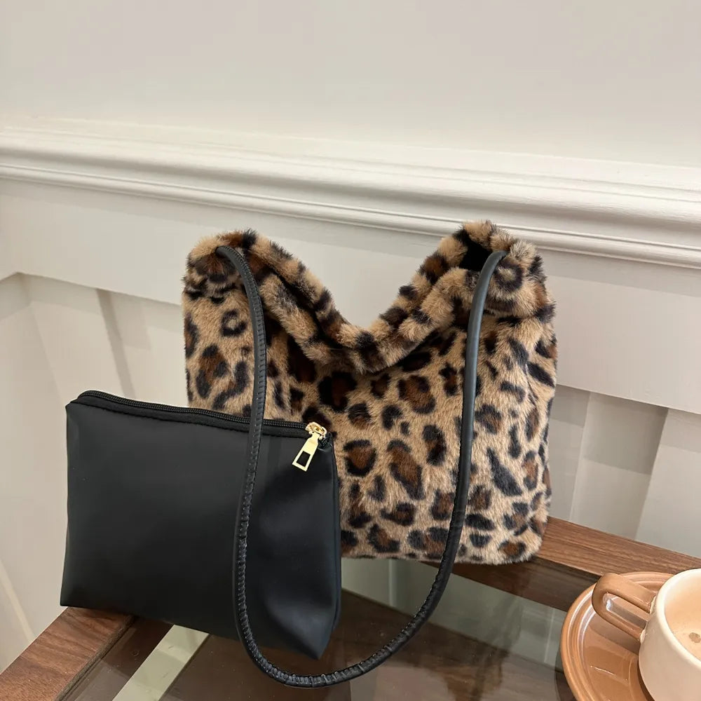 Leopard Print Shoulder Bag Furry Crossbody Spacious Lightweight Stylish Accessory
