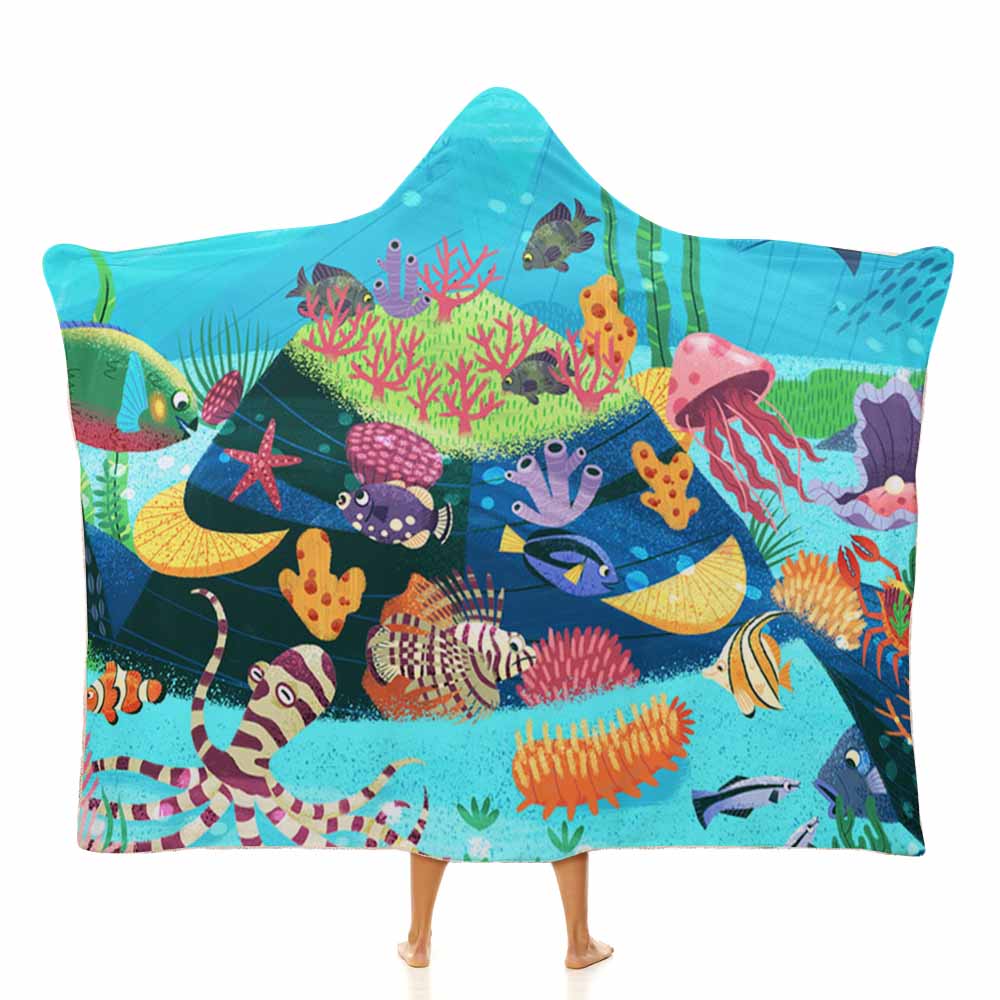 Wearable Hooded Blanket Soft Arctic Velvet Coral Reef Ocean Theme 3 Sizes