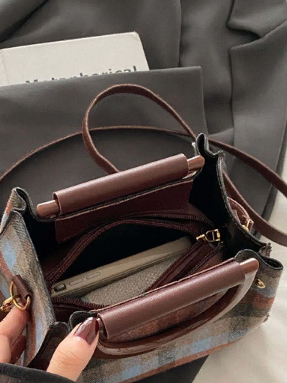 Trapezoid Crossbody Bag Polyester PU Adjustable Shoulder Strap Secure Zip Closure