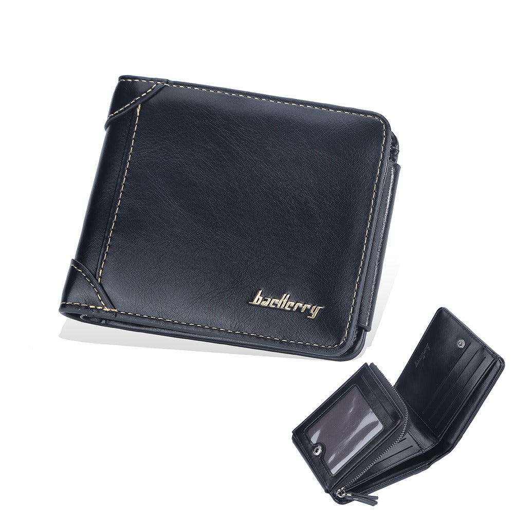 Men's Slim Leather Wallet Three-Fold Multi-Card Secure Zip Pocket RFID Blocking