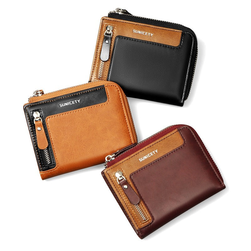 Men's RFID Blocking Wallet Secure Zipper Multi Card Slots ID Holder Leatherette